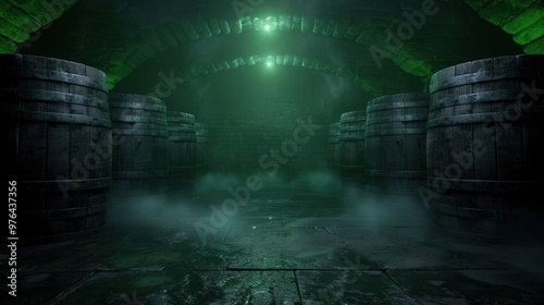 Fototapeta Naklejka Na Ścianę i Meble -  Mysterious underground tunnel with glowing green lights