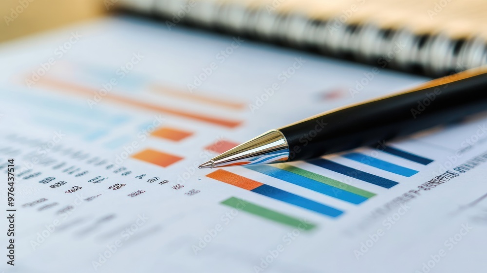 Close-up of financial charts and graphs with pen on document Close-up of financial charts and graphs with pen on document