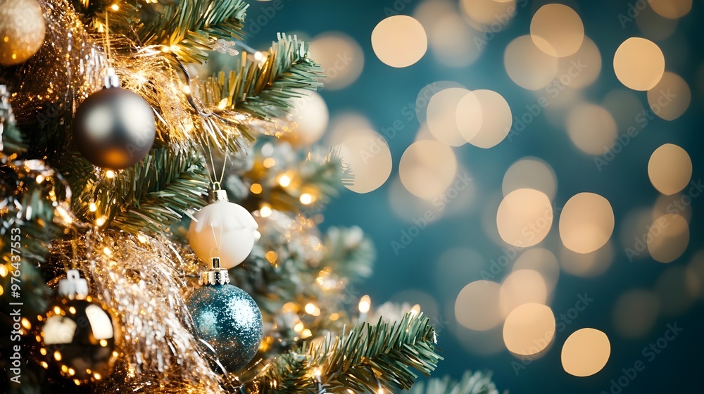 Christmas Tree Ornaments, Gold Lights, Teal Background Christmas Tree Ornaments, Gold Lights, Teal Background