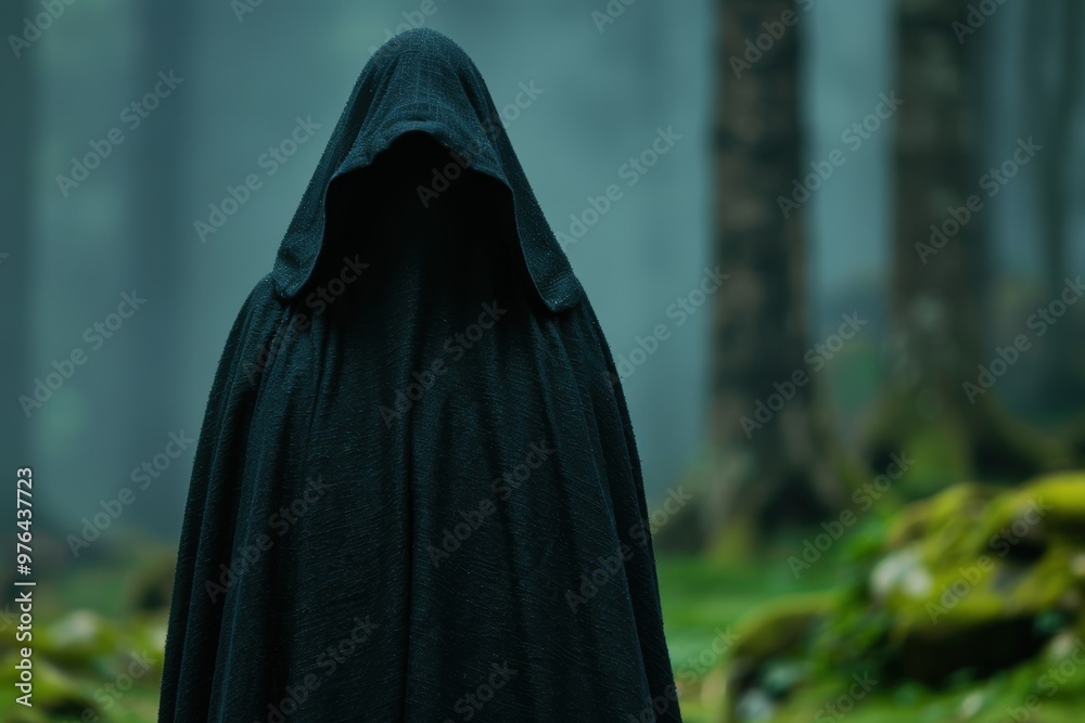 Mysterious hooded figure in dark forest Mysterious hooded figure in dark forest