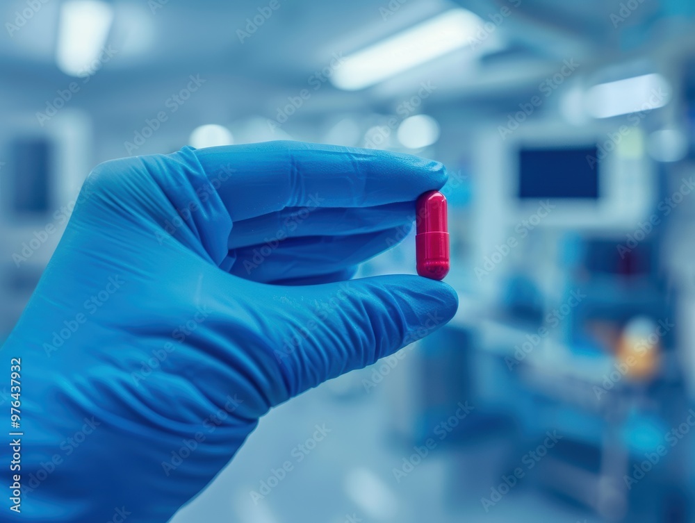 Scientist holding a red pill in a blue gloved hand Scientist holding a red pill in a blue gloved hand