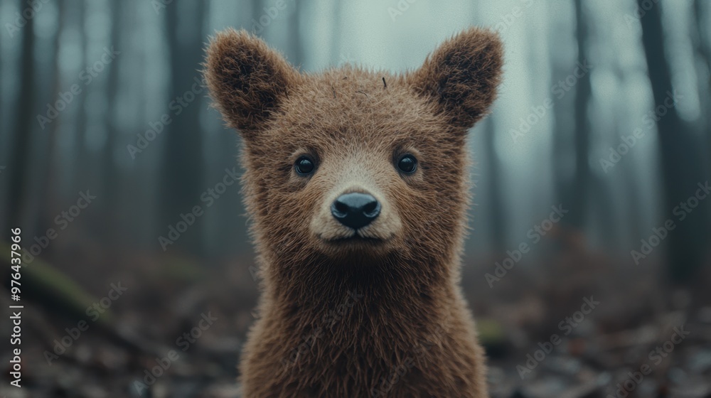 Fototapeta premium Curious brown bear cub in forest