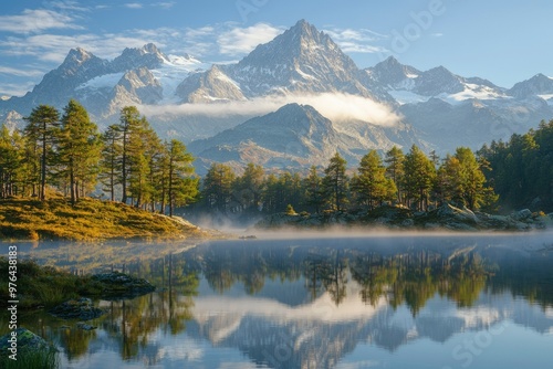 Mountain Peak Reflected in Still Water of Alpine Lake