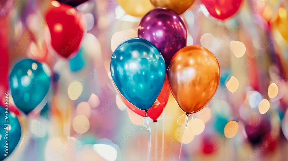 Bright and colorful balloons floating against a background of soft bokeh lights, creating a festive and joyful celebration scene. Bright and colorful balloons floating against a background of soft bokeh lights, creating a festive and joyful celebration scene.