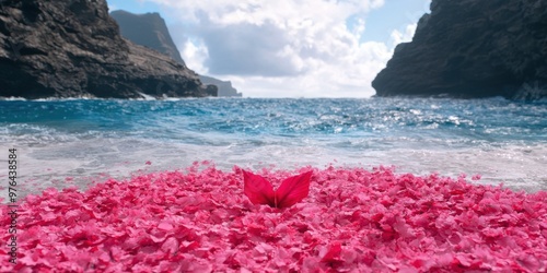 Vibrant pink flower petals floating on crystal clear ocean waters photo