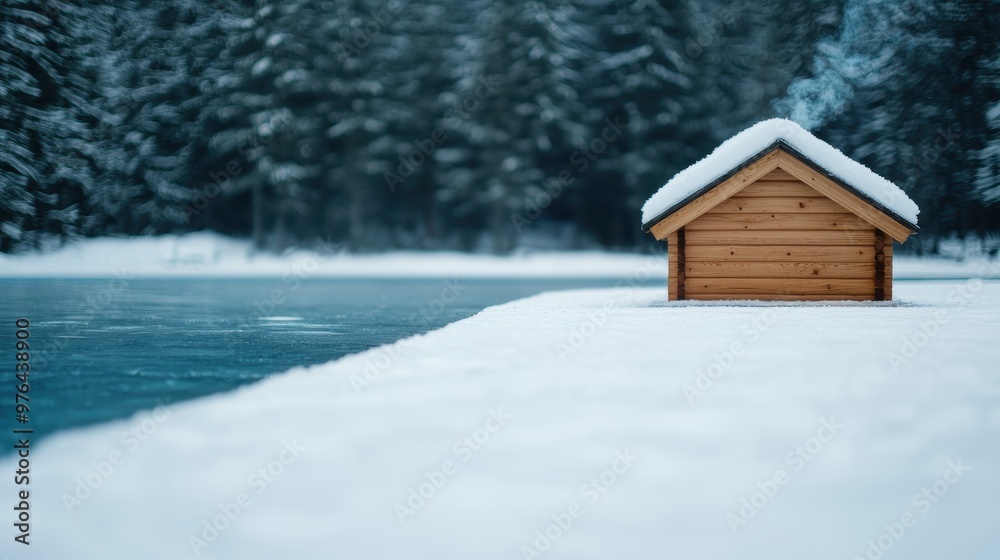 Cozy wooden cabin in snowy winter landscape Cozy wooden cabin in snowy winter landscape