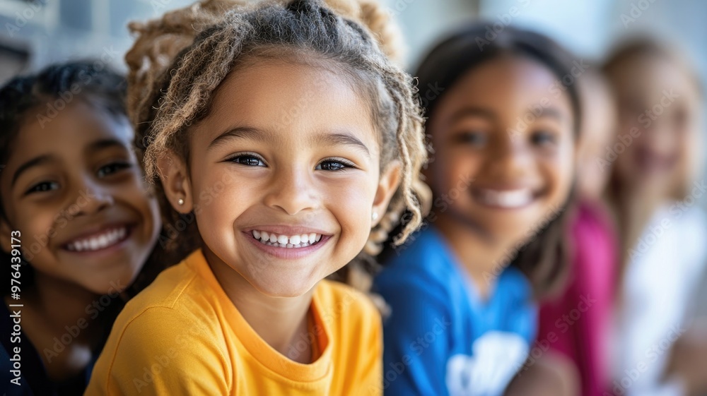 Smiling children of diverse ethnic backgrounds with bright clothing Smiling children of diverse ethnic backgrounds with bright clothing