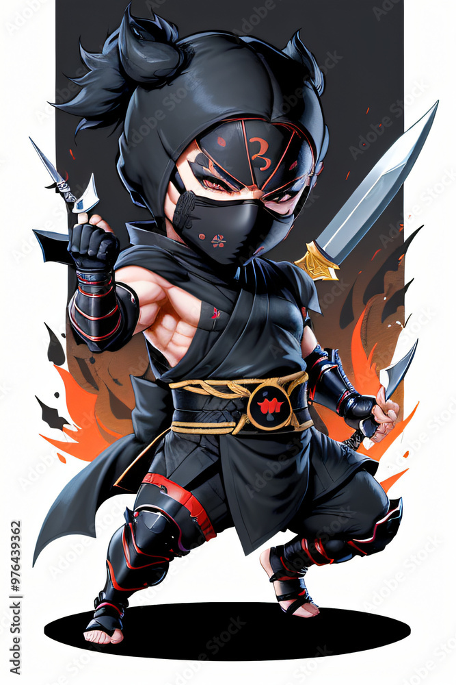 Obraz premium Chibi Ninja in Action Pose Full-Body Illustration
