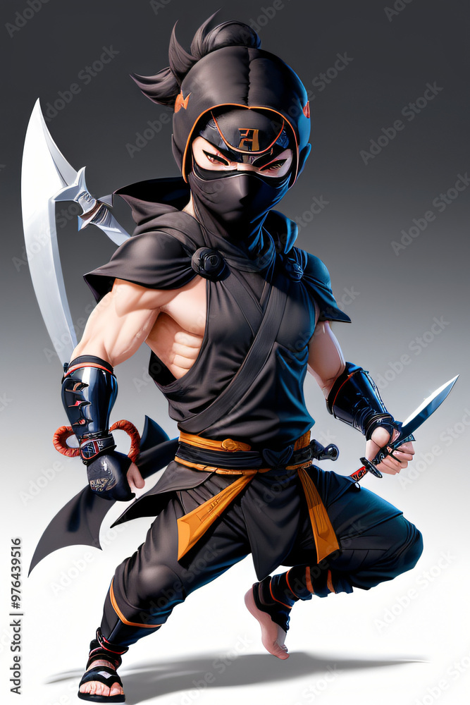 Obraz premium Chibi Ninja in Action Pose Full-Body Illustration
