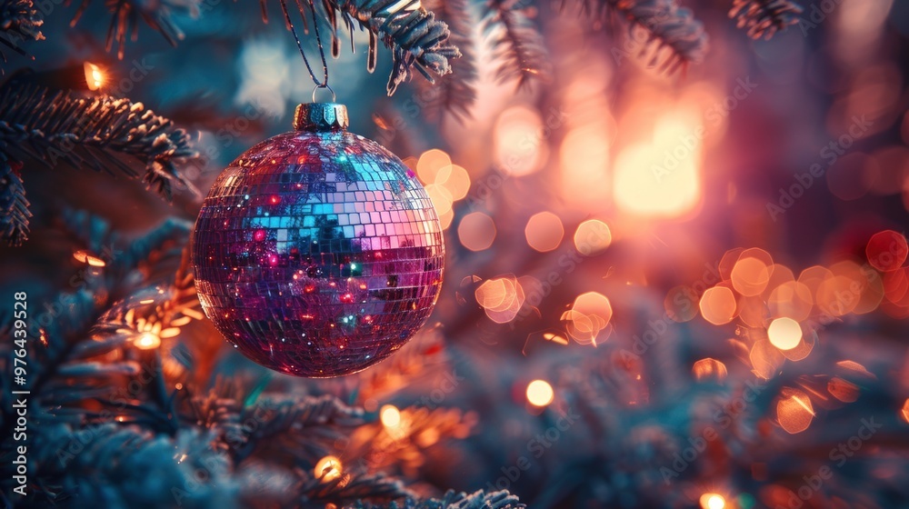 A close-up shot of a sparkly pink Christmas ornament hanging from a Christmas tree. The ornament is reflecting the warm glow of the lights behind it. A close-up shot of a sparkly pink Christmas ornament hanging from a Christmas tree. The ornament is reflecting the warm glow of the lights behind it.