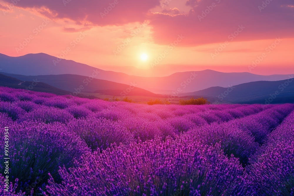 Lavender Field at Sunset with Silhouetted Mountains Lavender Field at Sunset with Silhouetted Mountains