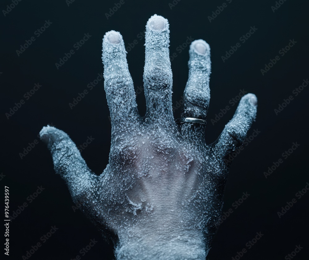 Frozen hand with ring in winter Frozen hand with ring in winter