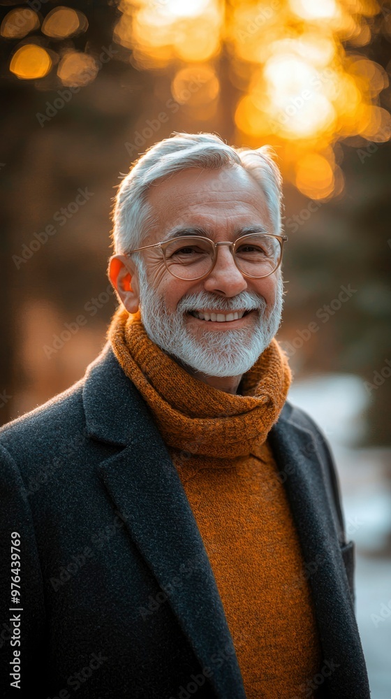 Portrait of a Smiling Senior Man with White Hair and Beard Wearing Glasses and an Orange Scarf Portrait of a Smiling Senior Man with White Hair and Beard Wearing Glasses and an Orange Scarf