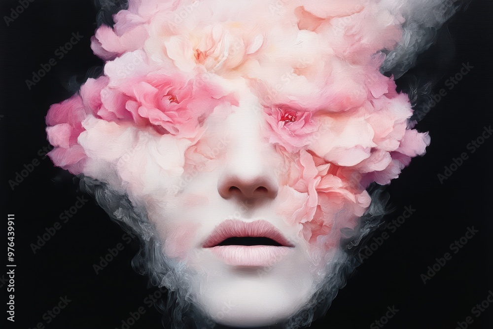 Surreal portrait of a woman with pink floral headpiece Surreal portrait of a woman with pink floral headpiece