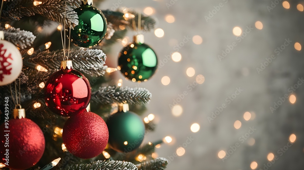Festive Christmas Tree Ornaments with Lights and Bokeh Festive Christmas Tree Ornaments with Lights and Bokeh