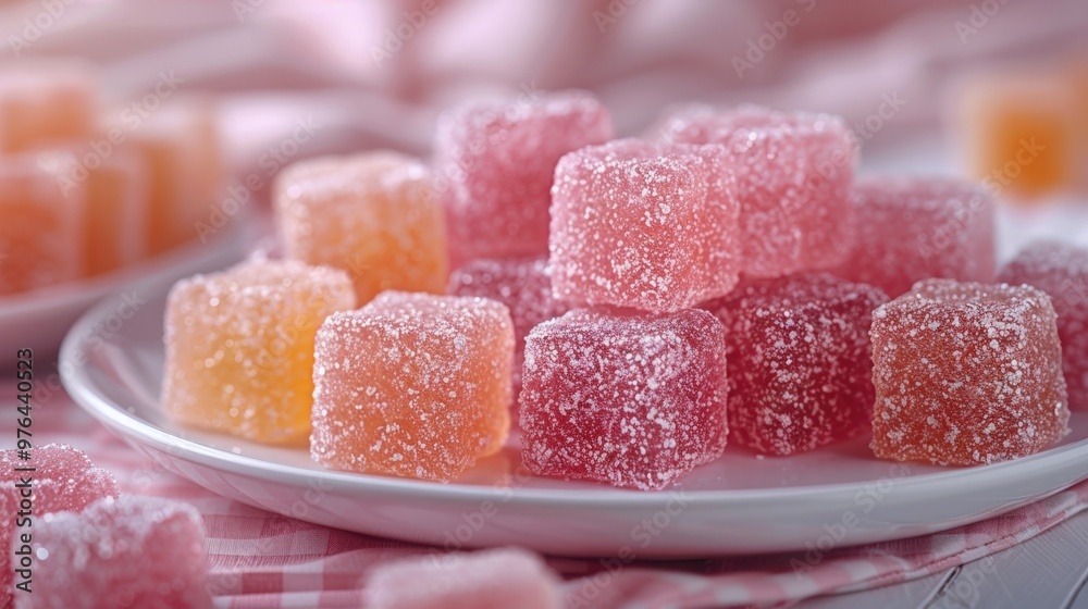 Close-up of colorful, square-shaped jelly candies with sugar coating on a white plate. Close-up of colorful, square-shaped jelly candies with sugar coating on a white plate.