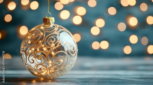 Festive Gold Christmas Ornament with Bokeh Lights