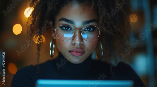 focused black woman in glasses using tablet at night  - blue light, close up,  serious expression
