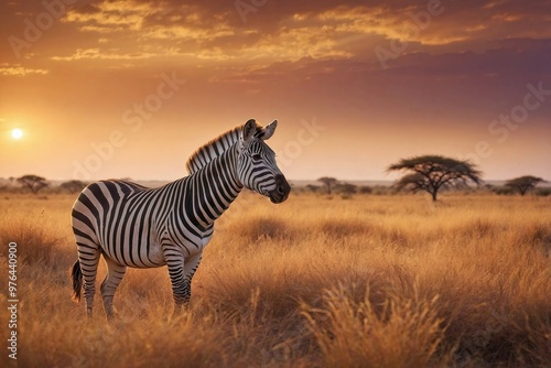 Serene Zebra in Golden Savannah: A lone zebra standing majestically in the middle of a vast African savannah during sunset.