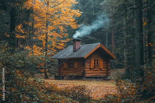 A Cozy Log Cabin in an Autumnal Forest with Smoke Rising from the Chimney