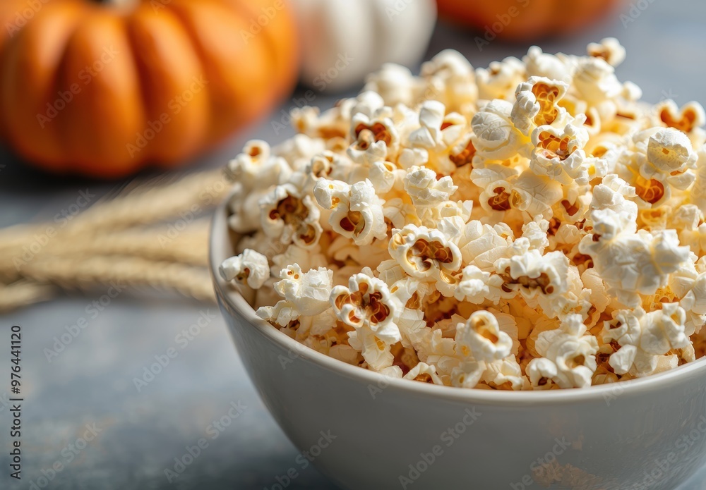 Freshly popped popcorn in a bowl with pumpkins Freshly popped popcorn in a bowl with pumpkins