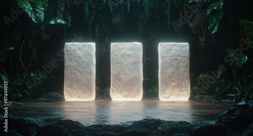 Fototapeta Naklejka Na Ścianę i Meble -  Glowing stone monoliths in a lush tropical jungle