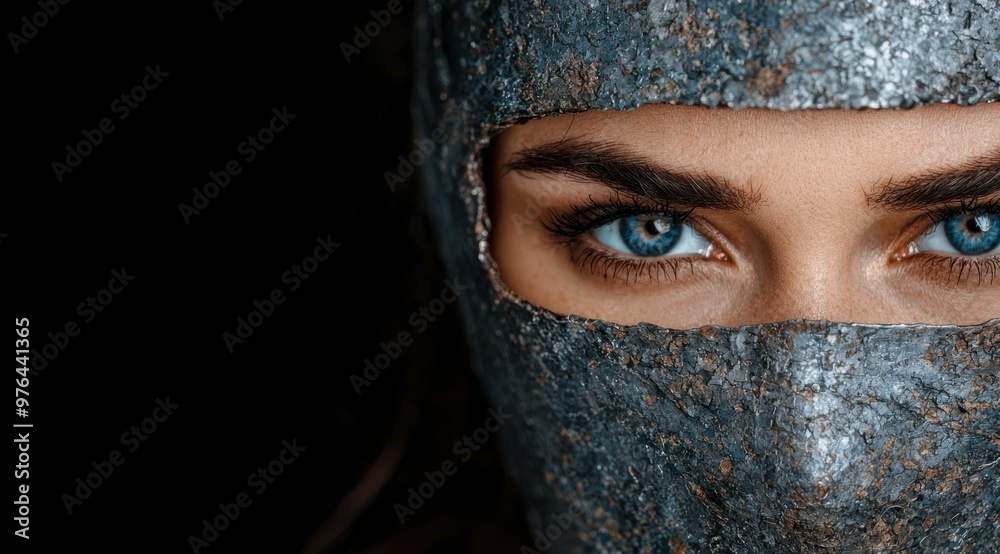 Mysterious blue eyes peeking through dark fabric Mysterious blue eyes peeking through dark fabric