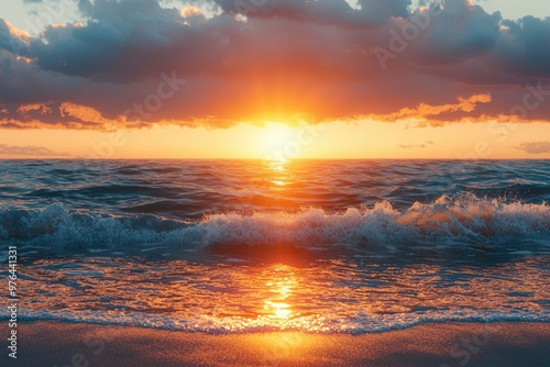 Golden Sunset Over a Tranquil Ocean With Waves Breaking on a Sandy Shore