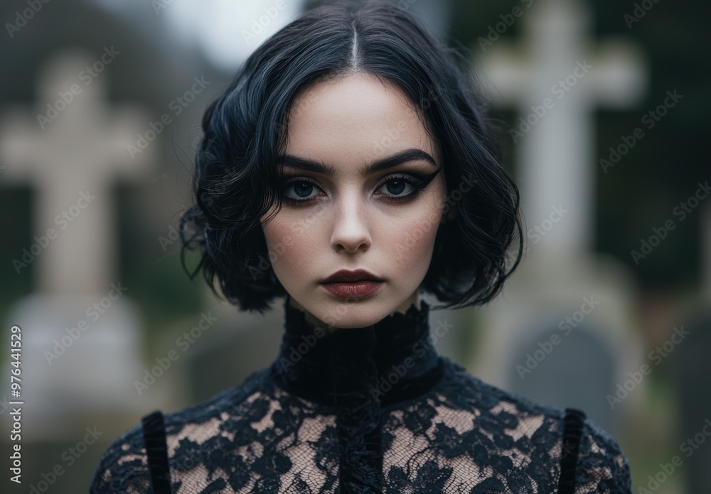 Mysterious woman with dark hair and intense gaze Mysterious woman with dark hair and intense gaze