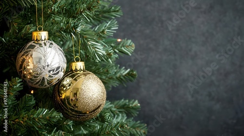 Gold and Silver Christmas Ornaments on Green Tree