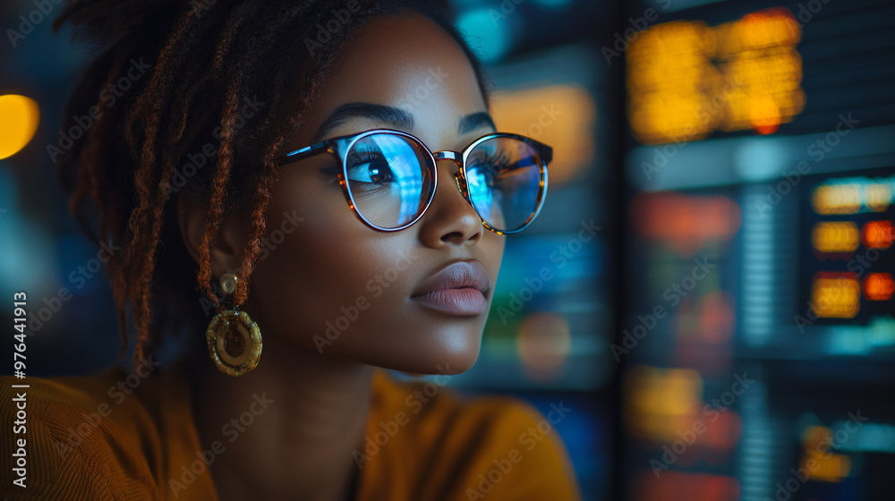 thoughtful woman looking at screen in office with blue glasses and dreadlocks thoughtful woman looking at screen in office with blue glasses and dreadlocks