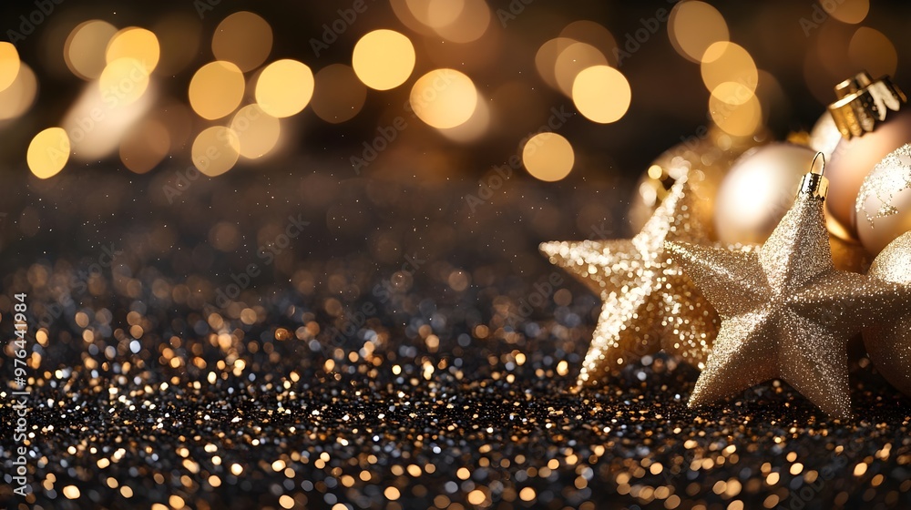 Gold Christmas Ornament Stars on Black Glitter Gold Christmas Ornament Stars on Black Glitter