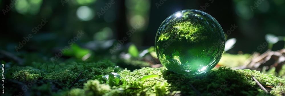 A captivating green crystal sphere delicately placed on lush moss, surrounded by a serene forest, symbolizing nature, tranquility, and the balance of natural elements in harmony. A captivating green crystal sphere delicately placed on lush moss, surrounded by a serene forest, symbolizing nature, tranquility, and the balance of natural elements in harmony.