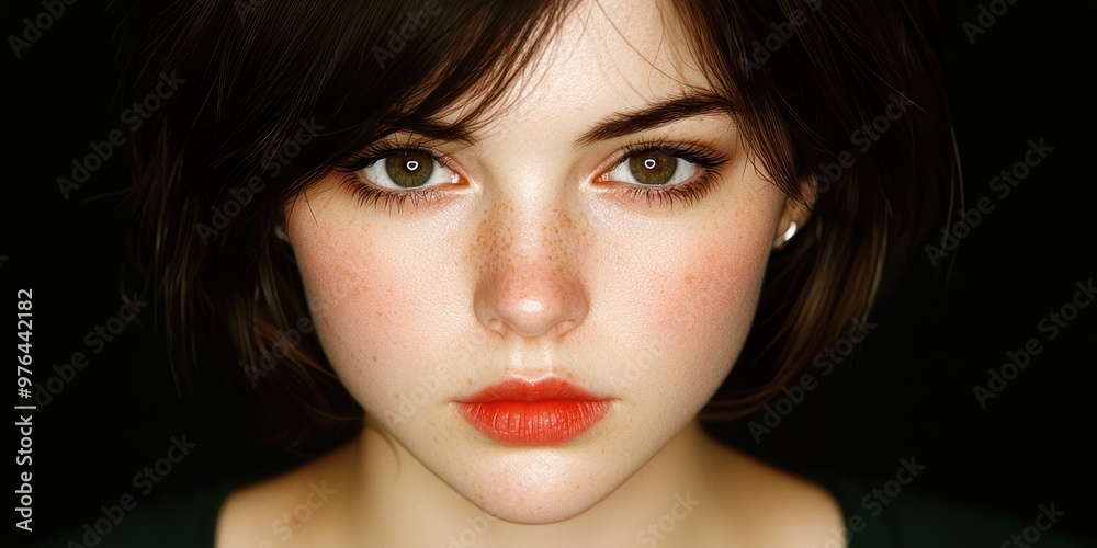 Fototapeta premium Striking portrait of a young woman with dark hair and piercing green eyes
