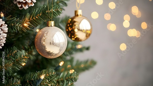 Gold Christmas Ornaments on Green Tree with Lights