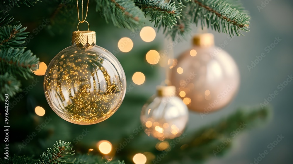 Gold Glitter Christmas Ornament on Green Tree Branch Gold Glitter Christmas Ornament on Green Tree Branch