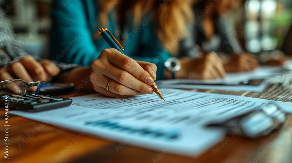 A focused team collaborates on paperwork, signing documents in a professional setting. A focused team collaborates on paperwork, signing documents in a professional setting.