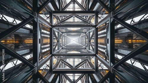 A web of steel beams seen from below, symbolizing the structure and resilience of modern engineering, steel beams engineering and construction photo