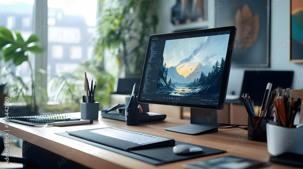 Digital Illustration of a Mountainous Landscape on a Desktop Computer Screen Digital Illustration of a Mountainous Landscape on a Desktop Computer Screen