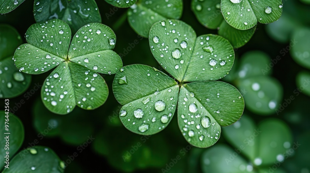 Closeup of clover leaves after rain, sparkling with water droplets, symbolizing renewal and growth, lucky clover leaf Closeup of clover leaves after rain, sparkling with water droplets, symbolizing renewal and growth, lucky clover leaf