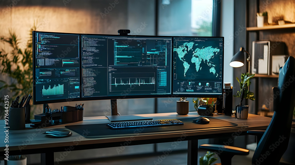 Modern Desk Setup with Triple Monitor Display - Illustration Modern Desk Setup with Triple Monitor Display - Illustration