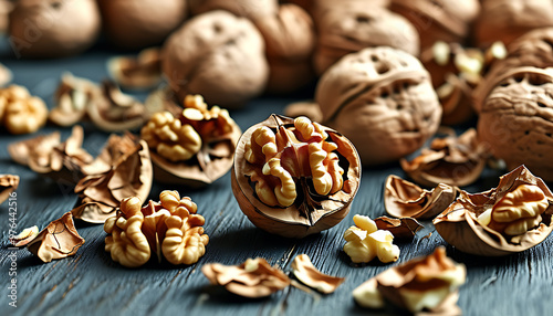 A scene of abundant broken walnut shells, exhibiting the unique beauty of nature and dry nutrition.