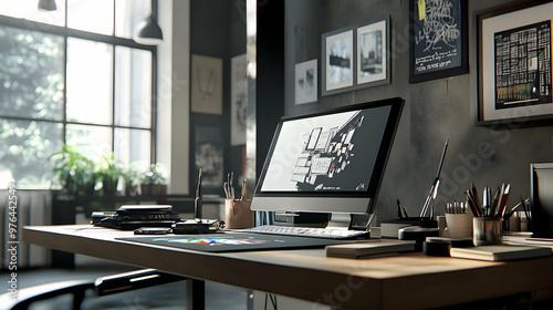 Modern Office Workspace with Computer, Desk, and Natural Light - 3D Illustration