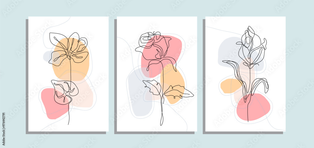 Set of three minimalist poster background with continuous line art floral, pastel colors and abstract shape element. Suitable for wall art, home decor, background, poster, cover and other template. Set of three minimalist poster background with continuous line art floral, pastel colors and abstract shape element. Suitable for wall art, home decor, background, poster, cover and other template.