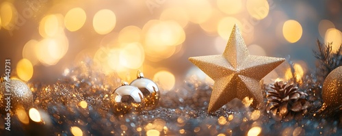 Golden Christmas Decorations with Warm Bokeh Lights