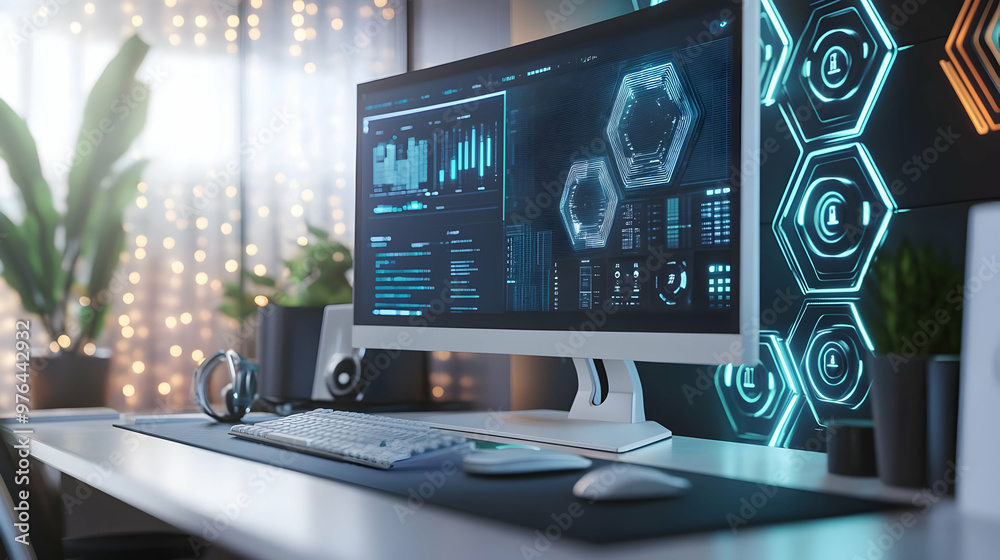 Futuristic Computer Desktop with Neon Lights - 3D Illustration Futuristic Computer Desktop with Neon Lights - 3D Illustration
