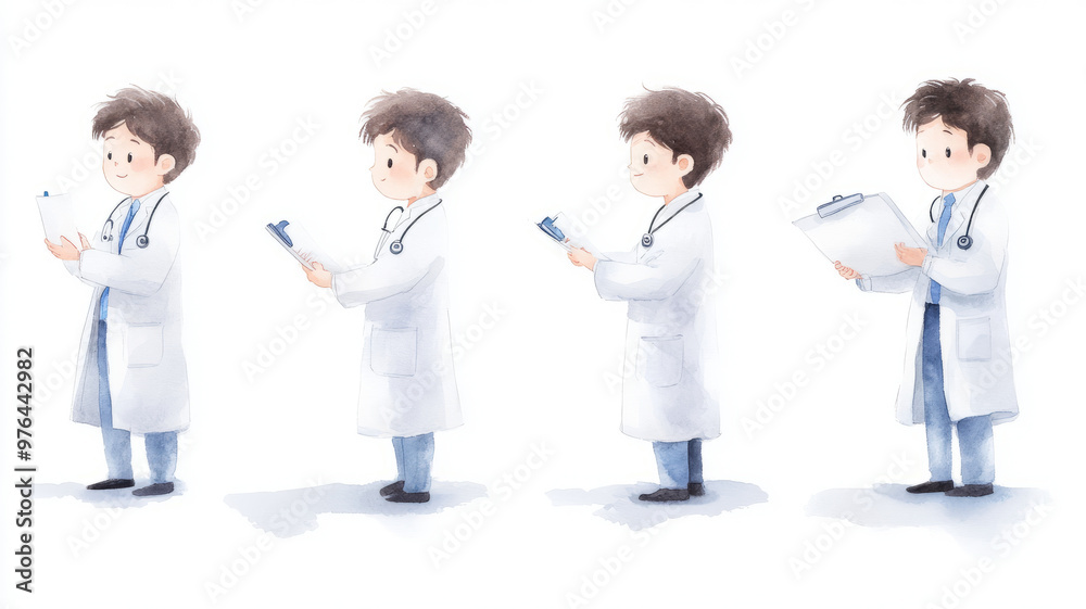 a set of doctor doing different activities, watercolour, sheet tournaround, white background a set of doctor doing different activities, watercolour, sheet tournaround, white background