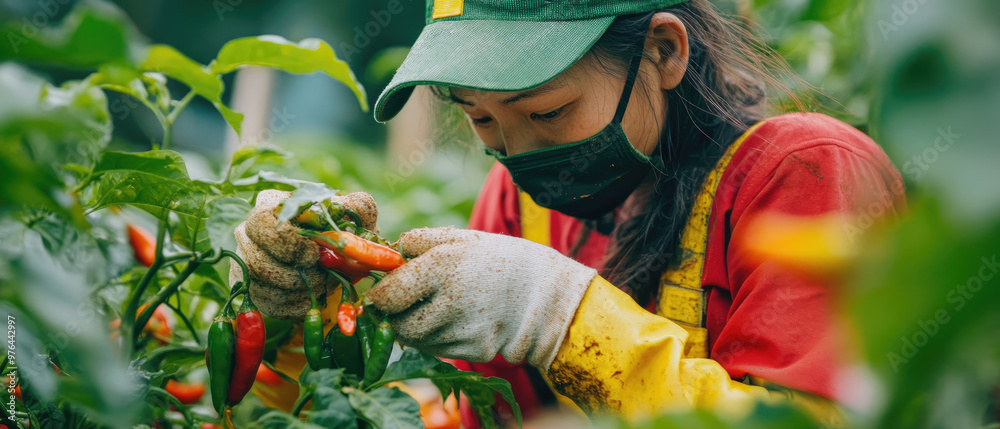 A woman wearing a yellow hat and a red shirt is picking peppers in a garden. She is wearing a face mask and gloves A woman wearing a yellow hat and a red shirt is picking peppers in a garden. She is wearing a face mask and gloves