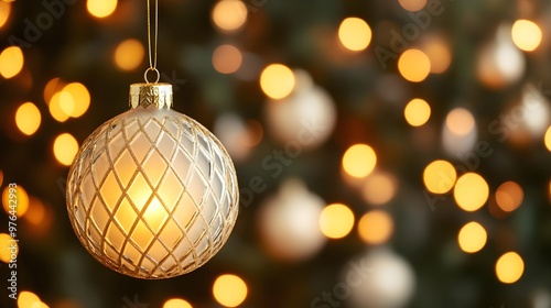Golden Christmas Ornament with Bokeh Lights Background
