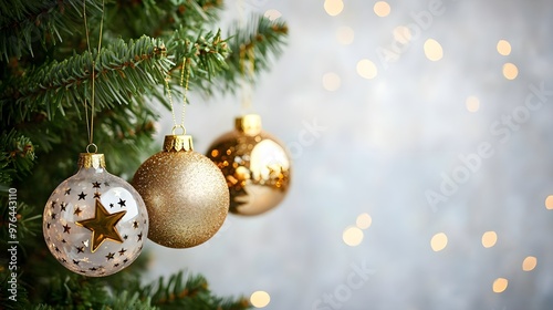 Golden Christmas Ornaments on Pine Branch with Bokeh Lights